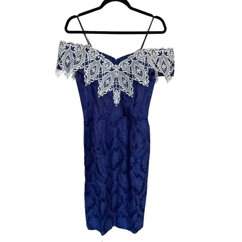 80s Scott McClintock Blue Jacquard Off Shoulder Wide Lace Wiggle Dress Size 8 - Picture 1 of 4